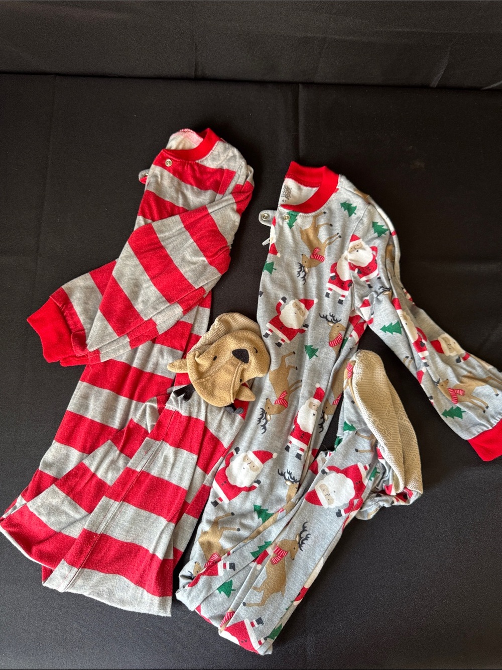Holiday Kids Footed One-Piece Pajama Set — Red Stripe & Gray Santa Print